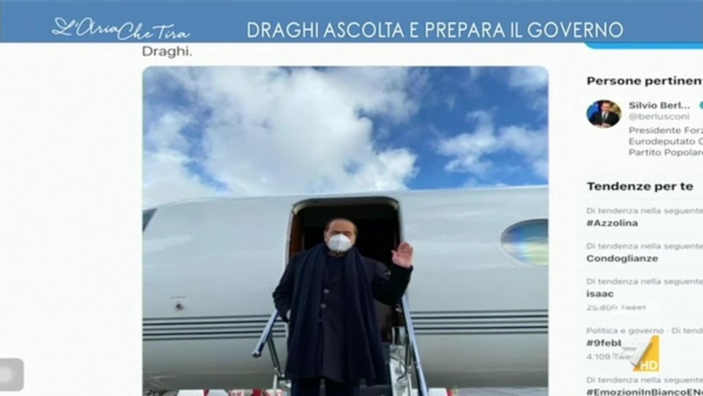 Silvio Berlusconi a Roma per partecipare alle consultazioni con Draghi, Myrta Merlino: "Lo ...